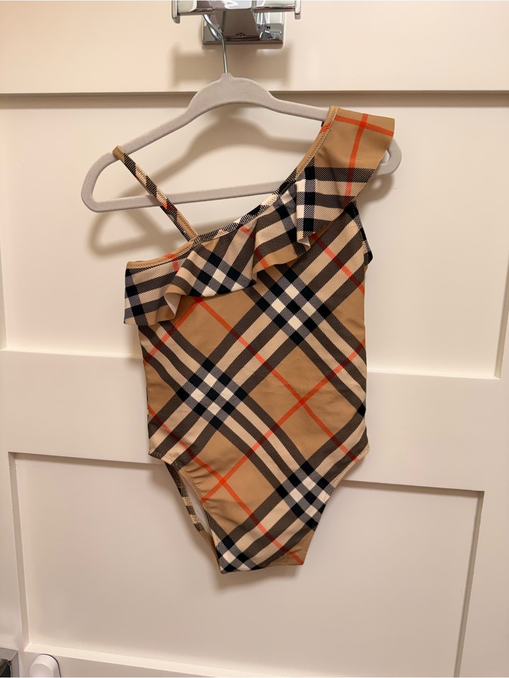 Burberry One-Shoulder Plaid Kids Swimsuit in Tan and Black